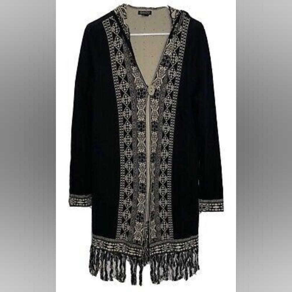 Lucky Brands ☆Black Geo Border Long Fringe Boho Cardigan Aztek Hooded